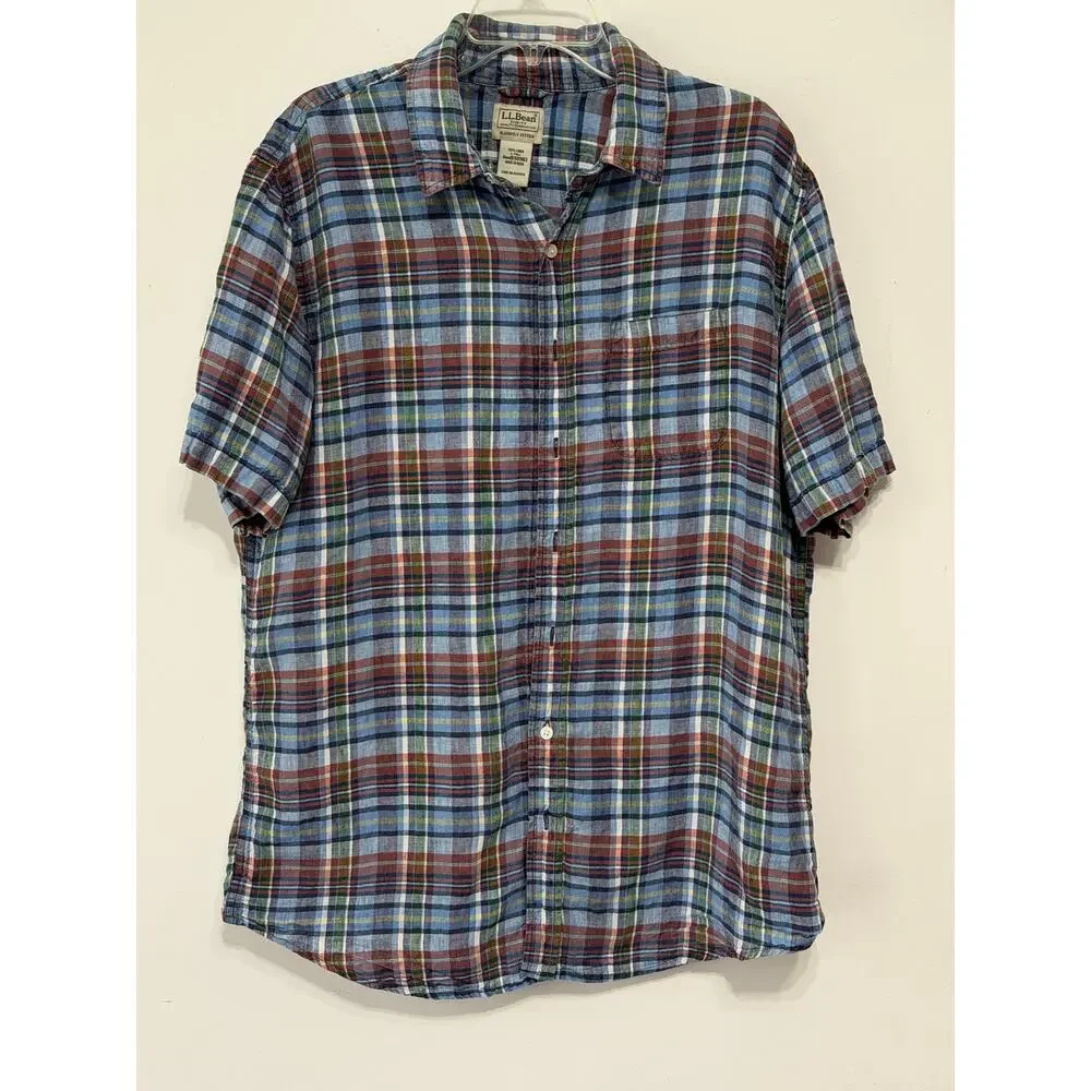 L.L.Bean short-sleeve button-up plaid shirt sz L barn chore outdoor‎ heritage